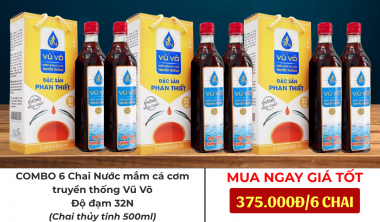 COMBO 6 chai Nước mắm Vũ Võ - Nước mắm Cá cơm truyền thống, Đặc sản Phan Thiết - Độ đạm 32N - 6 Chai 500ml