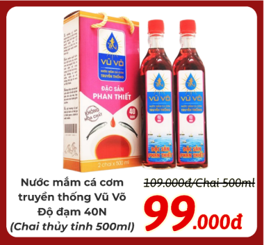 Nước mắm Vũ Võ - Nước mắm Cá cơm truyền thống, Đặc sản Phan Thiết - Độ đạm 40N - Chai 500ml
